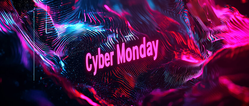 Vibrant cyber wave design with glowing Cyber Monday typography. E-commerce discount, digital business promotion, seasonal sales and futuristic marketing style. Abstract background, web banner.