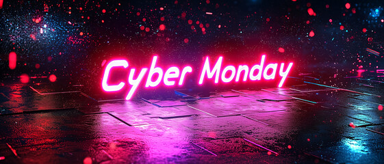 Bright cyber grid design with Cyber Monday digital lettering. Online marketing, e-commerce advertising, technology innovation, seasonal sales, futuristic retail business promotion. Abstract background