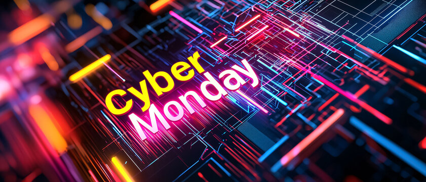 Modern abstract background with glowing tech streaks and Cyber Monday lettering. Online discounts, web promotions, advanced e-commerce marketing visuals. Holiday promotion, seasonal sales, web banner.