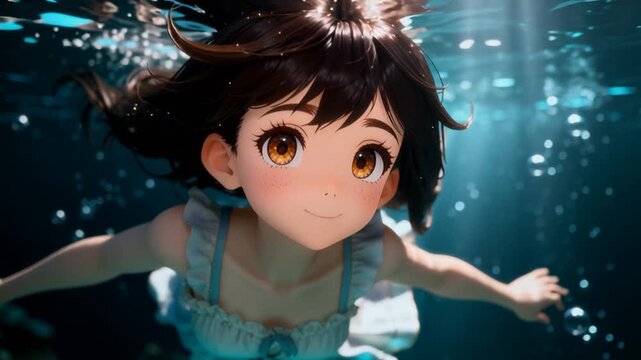 An anime girl with brown hair and orange eyes swims joyfully underwater in a ruffled dress, surrounded by bubbles and sunlight rays