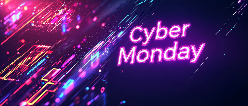 Cyberpunk style abstract background of illuminated with neon lights. Cyber Monday, seasonal sales. E-commerce shopping, retail marketing, online discounts, modern digital promotion for holiday sale.