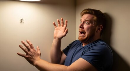 Man terrified of a spider on the wall. Intense fear and panic reaction. Arachnophobia and anxiety concept