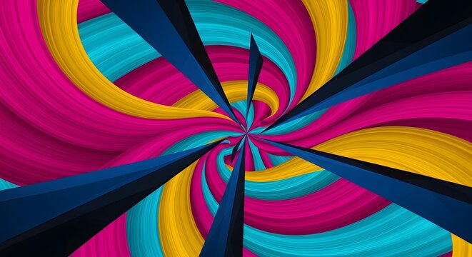 A colorful abstract swirl pattern with dark blue lines radiating out