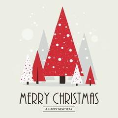 Merry Christmas and Happy New Year card with modern minimalist red and grey Christmas trees