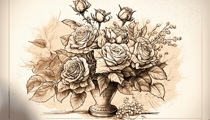 Vintage rose bouquet in antique vase sketch