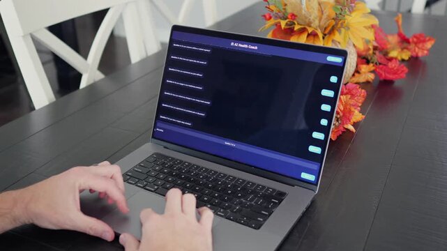 Middle Aged Man Uses Artificial Intelligence Health Coach Bot to Save Money on Health Insurance - AI Health and Wellness Concept