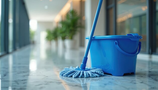 Blue mop and bucket rest on shiny marble floor hallway. Office building interior, plants line corridor. Cleanliness, janitorial service concept.