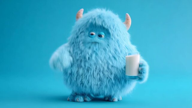 Funny blue monster cartoon character drinking milk animation sequence. Cute furry creature motion graphic for children?s entertainment.