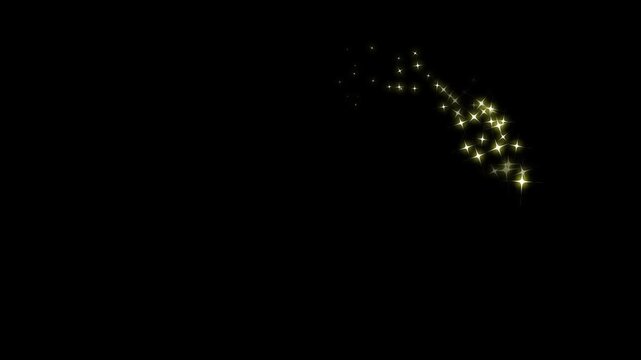 Luxury golden glitter sparkles line trail, glowing glitter burst sparkle effect overlay, magic dust, pixie dust path, Christmas stars isolated on a black screen background