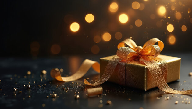 Golden gift box with elegant bow sits on dark surface with scattered glitter. Soft bokeh lights create festive atmosphere. Perfect for holidays celebrations, birthdays, weddings, anniversaries. - Powered by Adobe