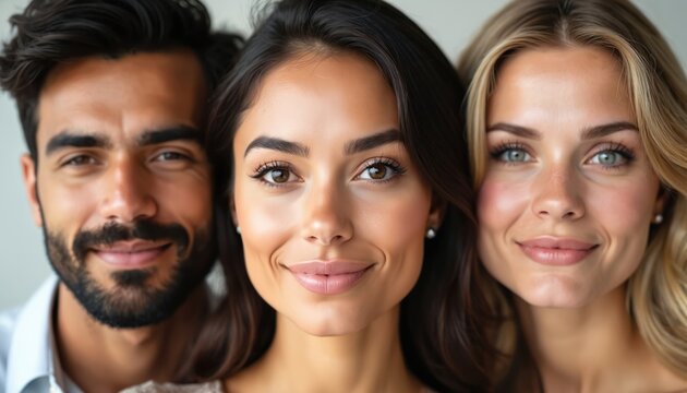 Three diverse people man and women with clear skin smile gently. They have natural makeup, looking at camera. Healthy facial expressions promote beauty and wellness.
