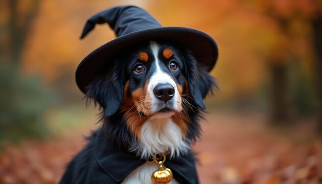 Bernese Mountain Dog wears wizard hat and cape for Halloween. Autumn forest provides festive background. Adorable animal poses for festive celebration