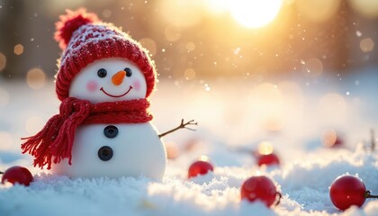Obraz premium Smiling snowman figure with red knitted hat, scarf stands in sparkling snow. Red Christmas ornaments decorate frosty winter ground. Golden sun shines bright, creating warm bokeh background, falling