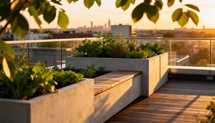 Urban Rooftop Garden at Sunset