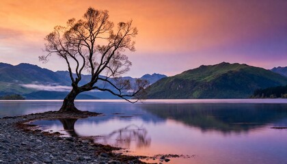 Tree in Lake with Mountain Background