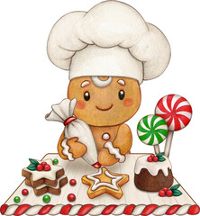 Watercolor hand drawn gingerbread cookie character