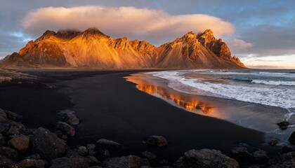 Black Sand Beach and Sunset Mountains