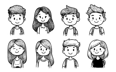 Cute hand drawn cartoon portraits of smiling kids. Collection of doodle style boys and girls with different hairstyles and expressions. Black and white vector illustration
