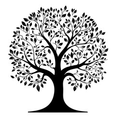 Decorative tree silhouette with branches and leaves on white background. Vector illustration