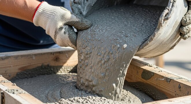 Hands in gloves pouring wet concrete into a mold, focus on texture, motion, and gray mass