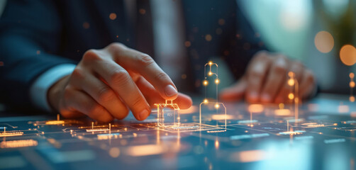 Man interacts with digital user interface. Businessman presses virtual button on futuristic screen. Concept represents tech, data science, automation, business strategy, innovative technology,