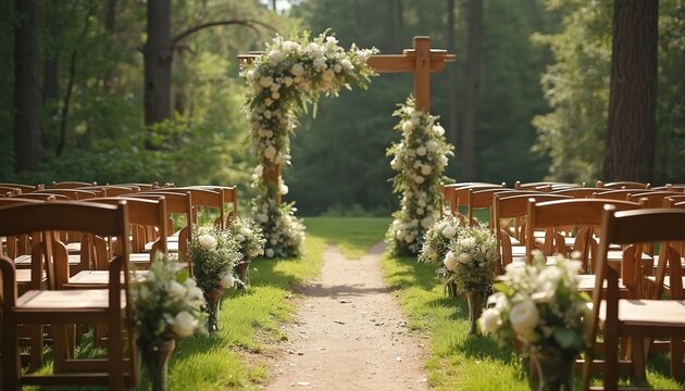 Wooden chairs arranged on grass path leading to forest wedding arch. Floral decorations adorn arch and aisle sides. Natural outdoor scene setup for ceremony.