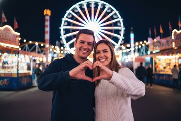 happy couple making the shape of heart with the hands