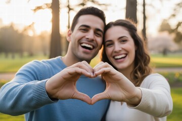 happy couple making the shape of heart with the hands