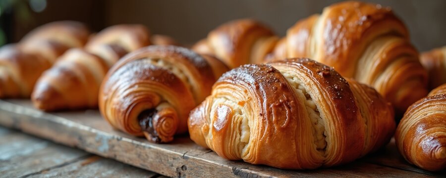Golden brown croissants and sweet pastry buns with chocolate filling sit on old wooden planks. Freshly baked treats ready for a delicious breakfast or brunch meal. - Powered by Adobe