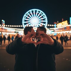 happy couple making the shape of heart with the hands