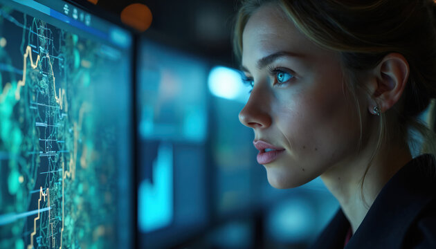 Woman analyzes complex data graphs on glowing monitors in dark control room. Female detective reviews crime statistics for police investigation. Tech analyst uses digital screens for information.