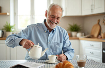Smiling senior man pours tea from pot into cup at kitchen table with croissant and coffee. He enjoys morning breakfast, reads newspaper, relaxing at home.