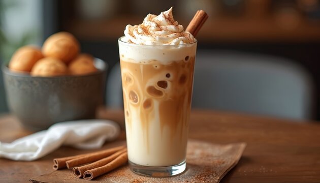 Iced chai latte beverage whipped cream, cinnamon stick, powder. Swirled milk tea layers in tall glass on wood surface. Blurred dessert sweets, spice sticks rest close by. Refreshing autumn drink for