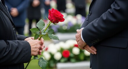 Mourners paying respects with a single red rose at a gravesite filled with flowers and somber reflection