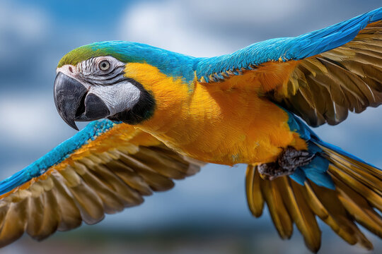 Blue and Yellow Macaw Soaring in Cloudy Sky