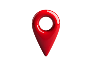 3D Red Location Pin Icon Floating Above Map Grid, Front View, Isolated on Transparent Background