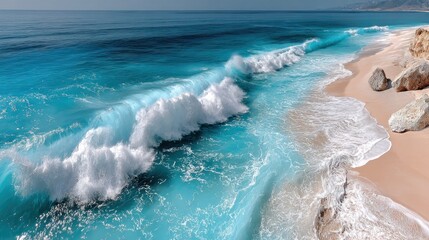 Aerial view showcases a turquoise ocean wave crashing onto a sandy beach
