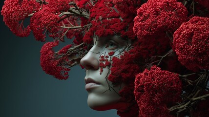 A woman face is adorned with vibrant red flowers, blending beauty and nature. The image radiates creativity, elegance, and striking visual contrast.