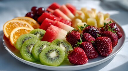 A vibrant platter of sliced fruits arranged on a white plate, showcasing colors and textures