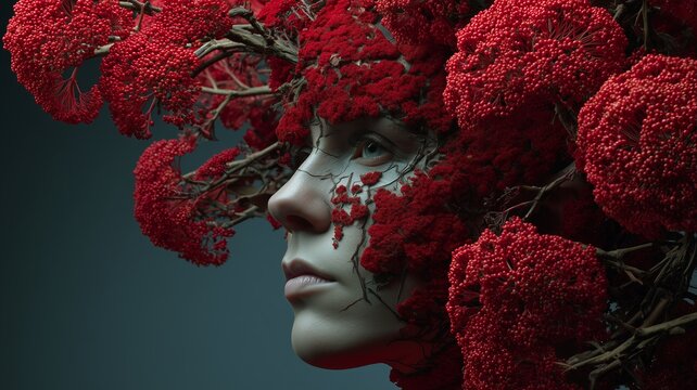 A woman face is adorned with vibrant red flowers, blending beauty and nature. The image radiates creativity, elegance, and striking visual contrast.