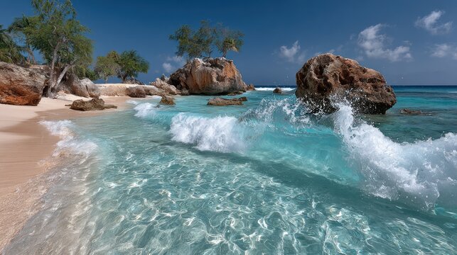 Tropical beach scene with clear turquoise water, waves, and rock formations under a blue sky