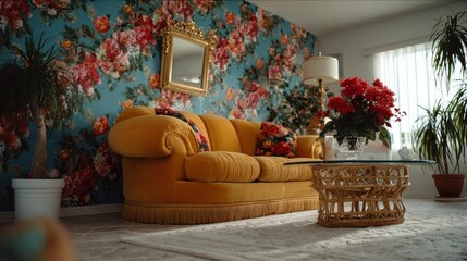 Colorful living room w/ floral wall, yellow couch, round table, potted plants, and gold mirror