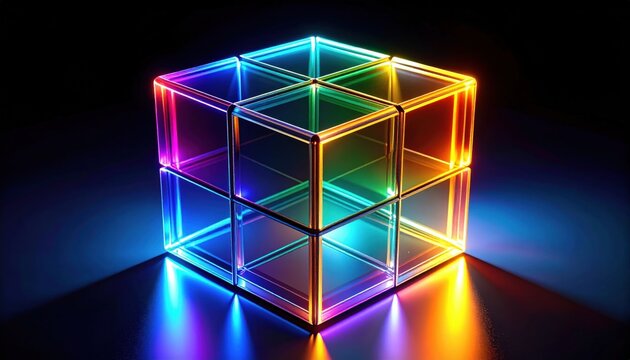 Glowing neon transparent 3D cube structure with vibrant colors on black background. Concept for modern technology, digital future, innovation, and creative abstract art.