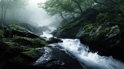 Misty river cascades through mossy rocks, enveloped by lush green forest foliage