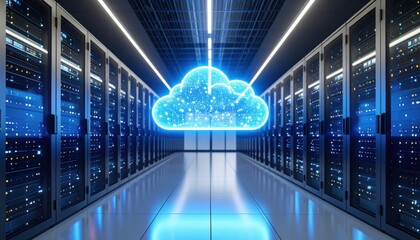 Futuristic data center server room with virtual blue cloud icon. Top concept for cloud computing, data storage, cybersecurity, networking, IT infrastructure, business tech, security,