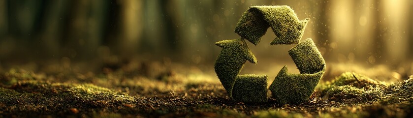 A green recycling symbol made of leaves rests on forest soil, symbolizing sustainability. The image emphasizes eco-consciousness, nature, and environmental responsibility.