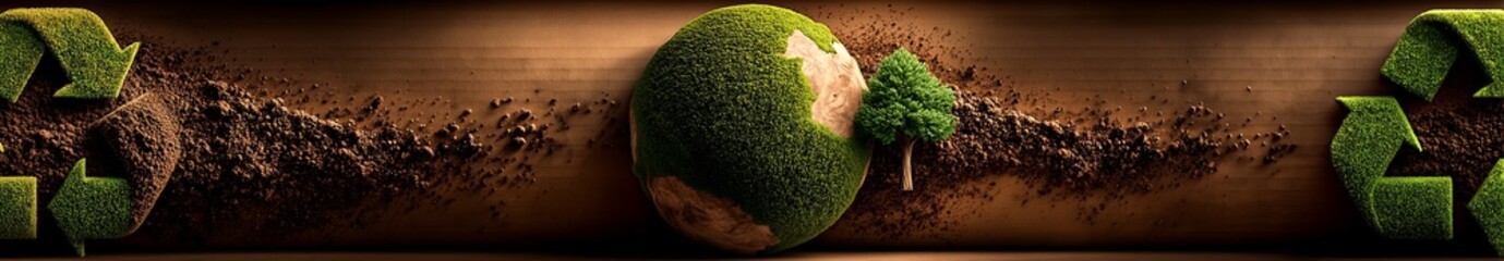 A green, recycling themed globe rests among leaves, symbolizing sustainability and environmental awareness. The image highlights eco consciousness, harmony, and global responsibility.