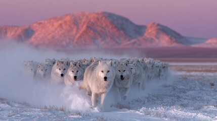 A pack of white wolves runs across a snowy plain towards the viewer at dusk