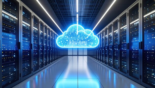 Futuristic data center server room with virtual blue cloud icon. Top concept for cloud computing, data storage, cybersecurity, networking, IT infrastructure, business tech, security,