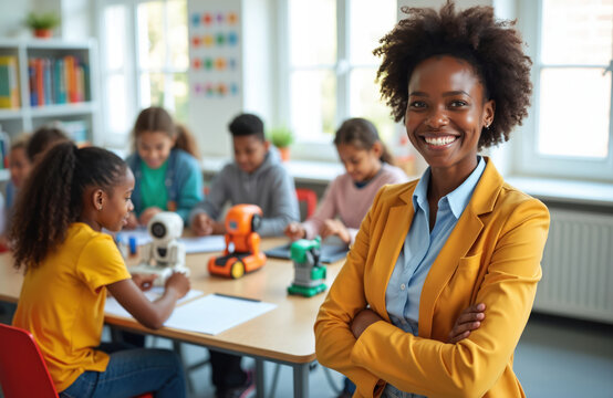 African American teacher guides diverse kids building robots in a modern classroom. Young students program electronic toys, learning science and engineering skills together.